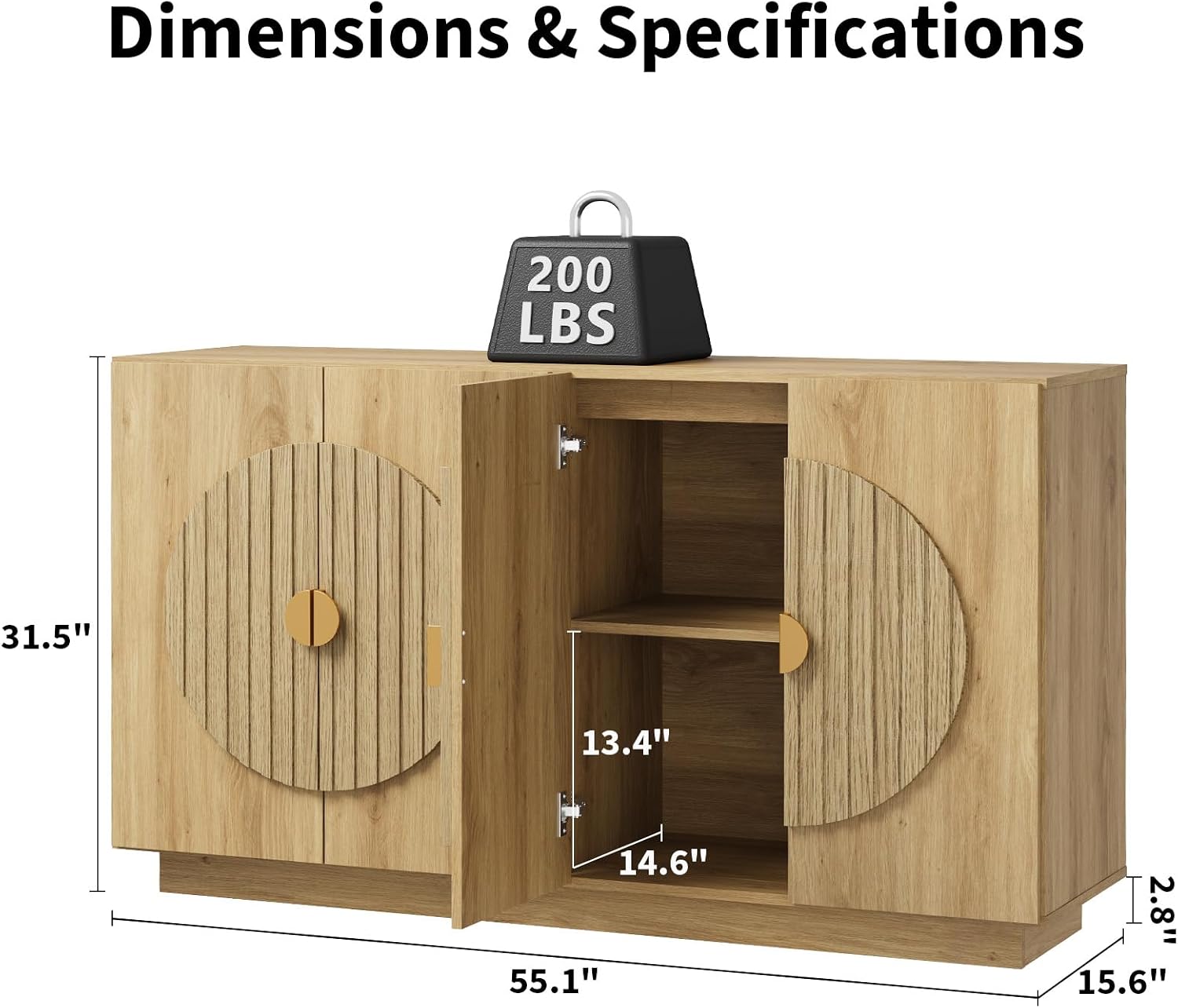Fluted Oak Buffet Cabinet Console Table
