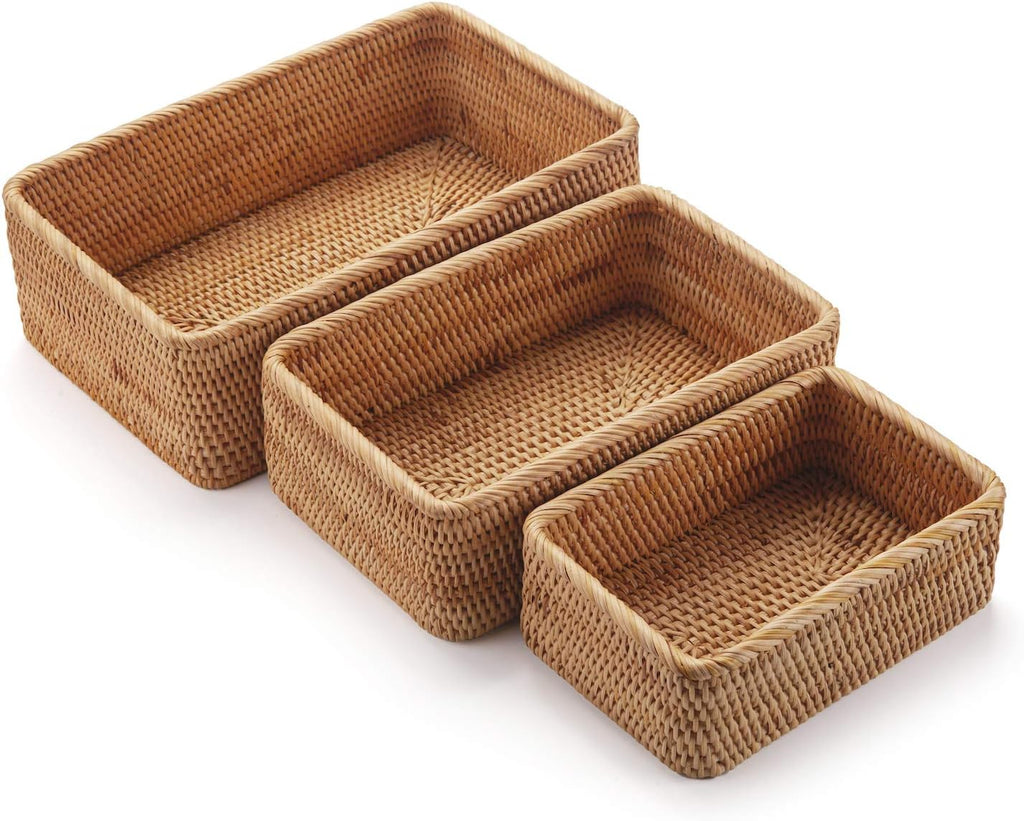 Rattan Fruit Baskets Wicker Storage Stackable Rectangular