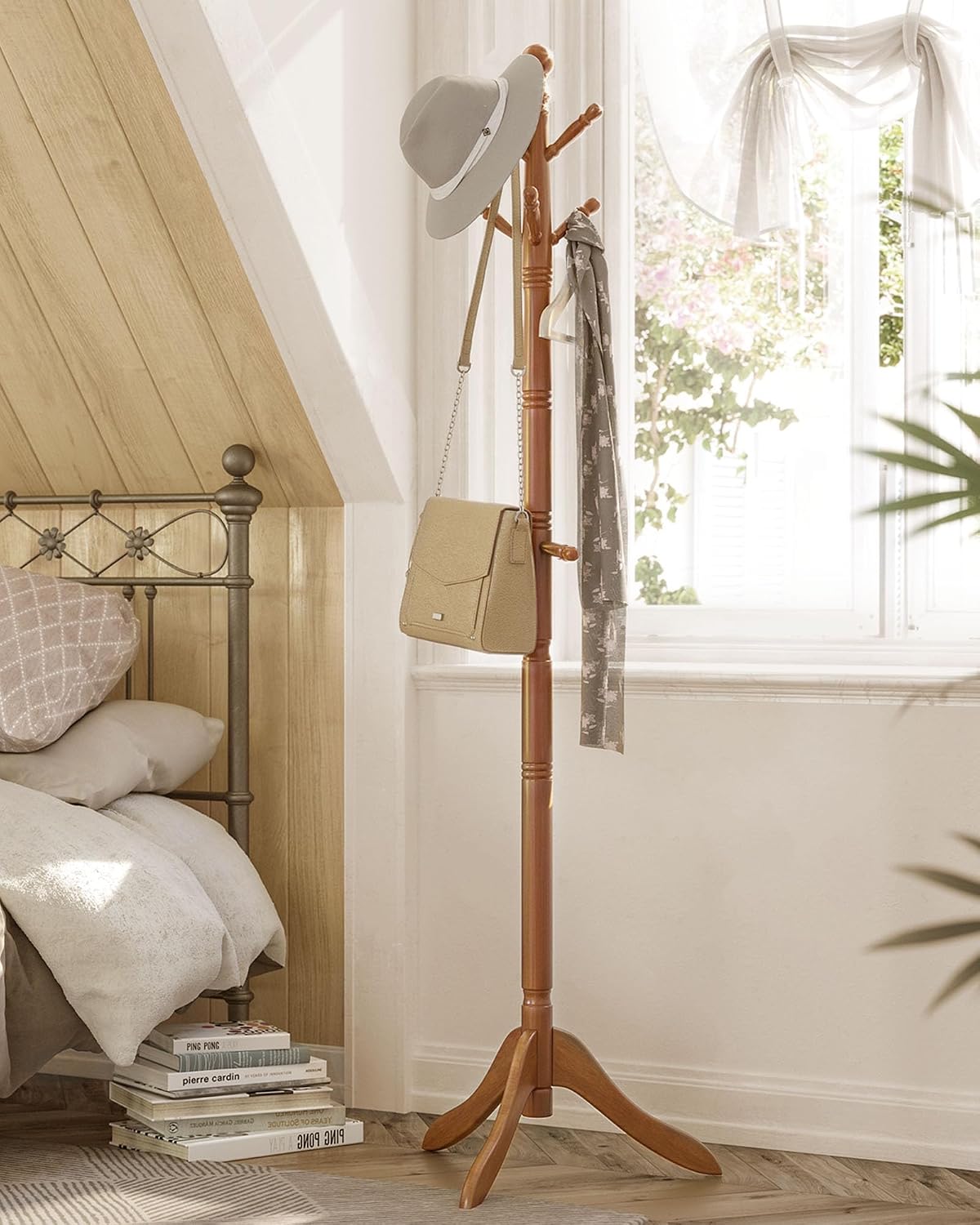Caramel Wood 10-Hook Free Standing Coat Rack