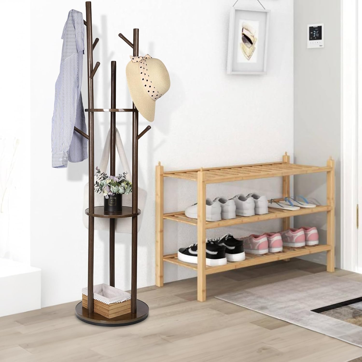 Walnut Rotary 3-Tier 9-Hook Coat Rack