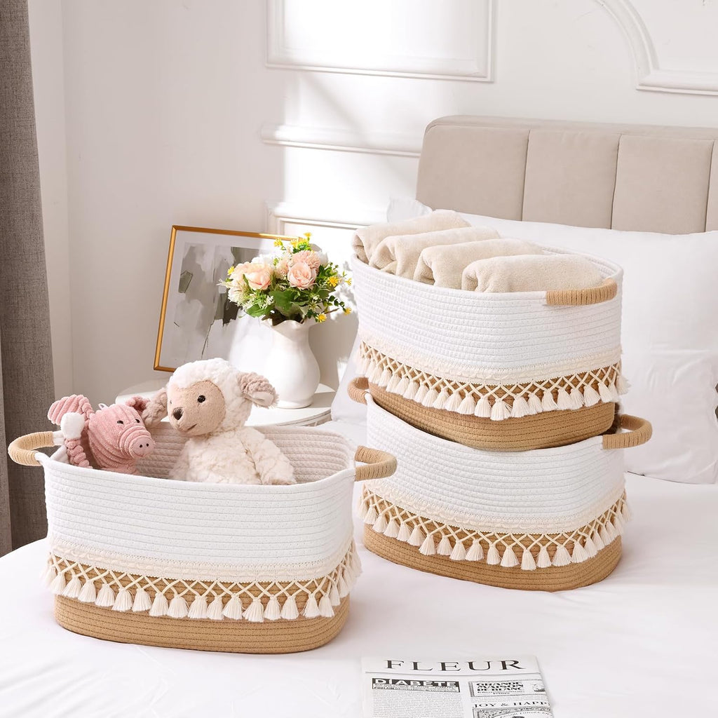 Cotton Rope Storage Baskets Boho Tassel Large Organizer