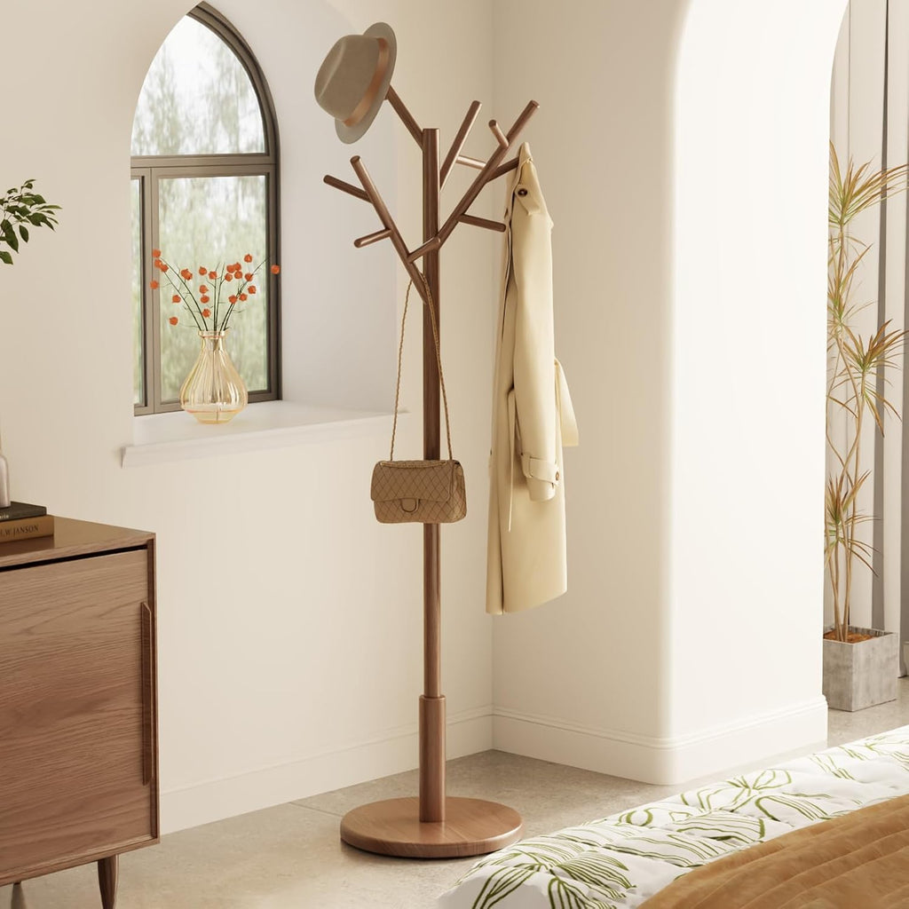 Walnut 12-Hook Adjustable Wood Coat Rack