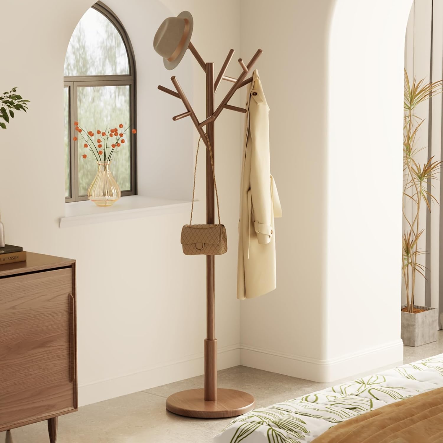 Walnut 12-Hook Adjustable Wood Coat Rack