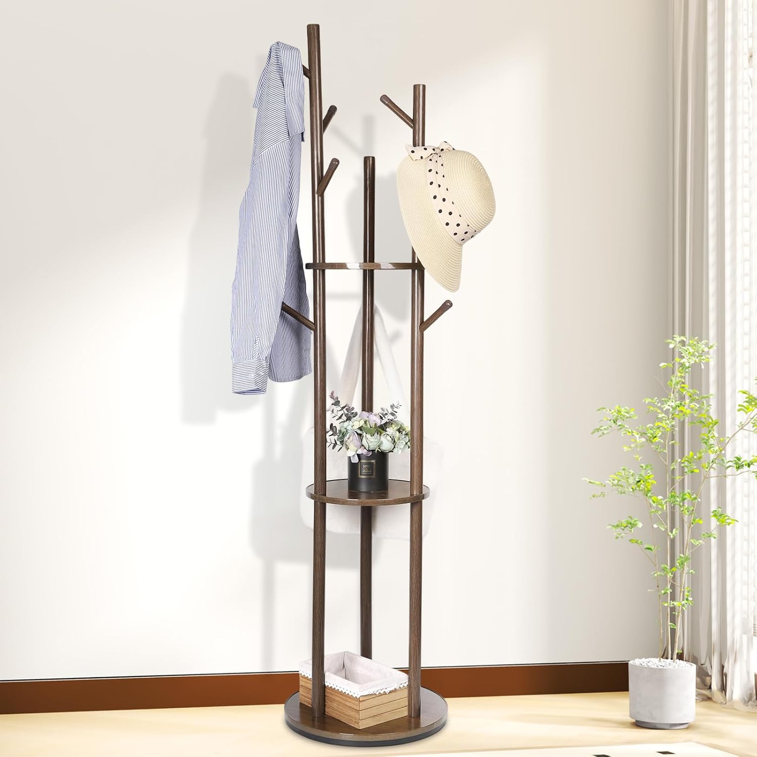 Walnut Rotary 3-Tier 9-Hook Coat Rack