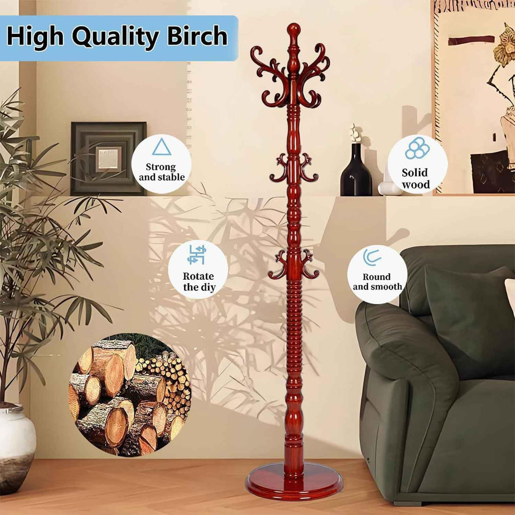 Reddish Brown Wooden 18-Hook Coat Rack Stand