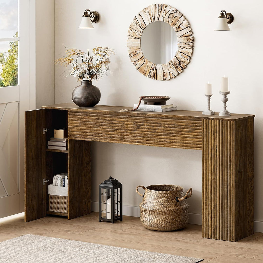 61" Brown Fluted Storage Console Table