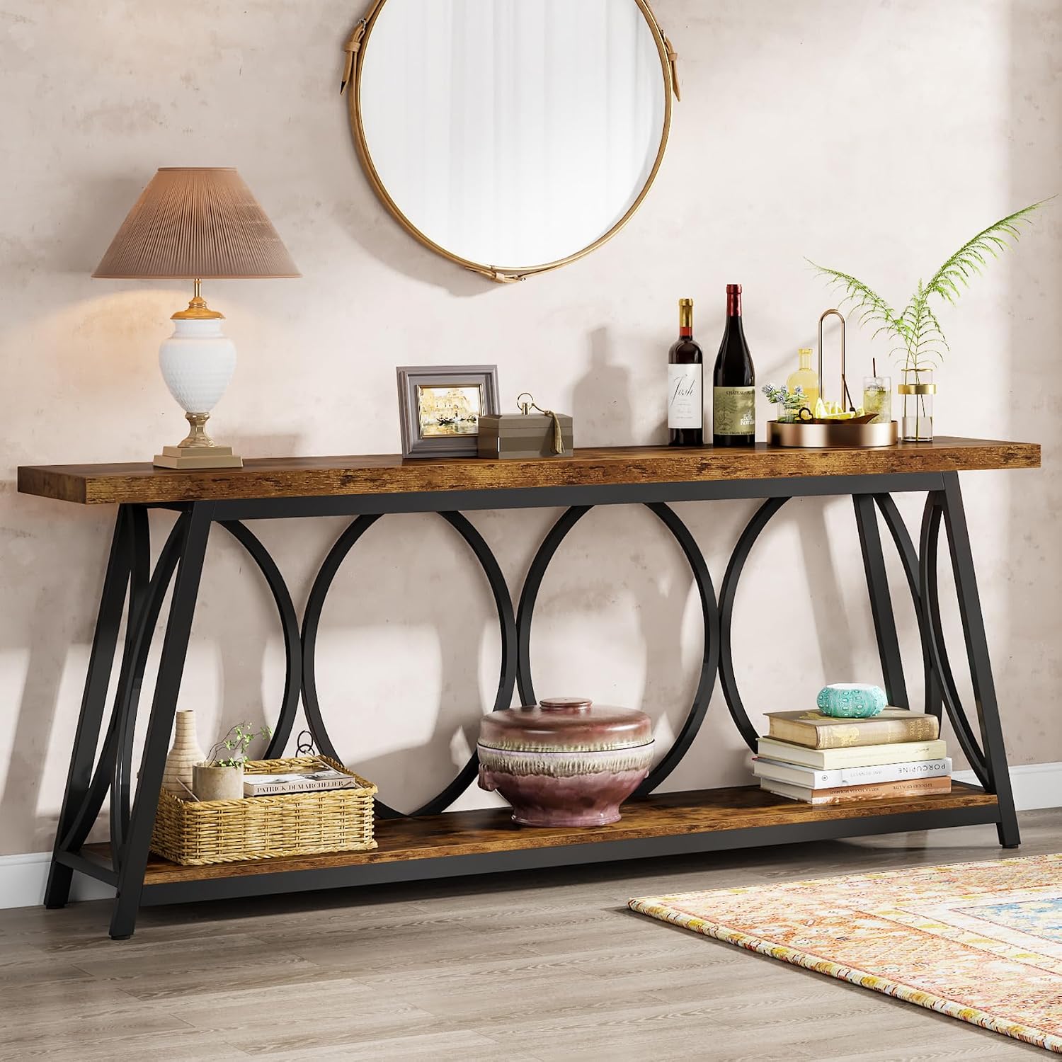 70.9" Brown Industrial Storage Console Table
