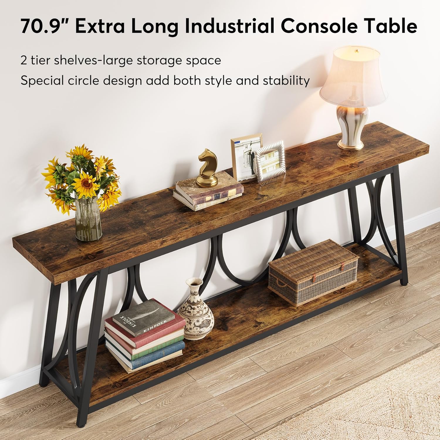70.9" Brown Industrial Storage Console Table