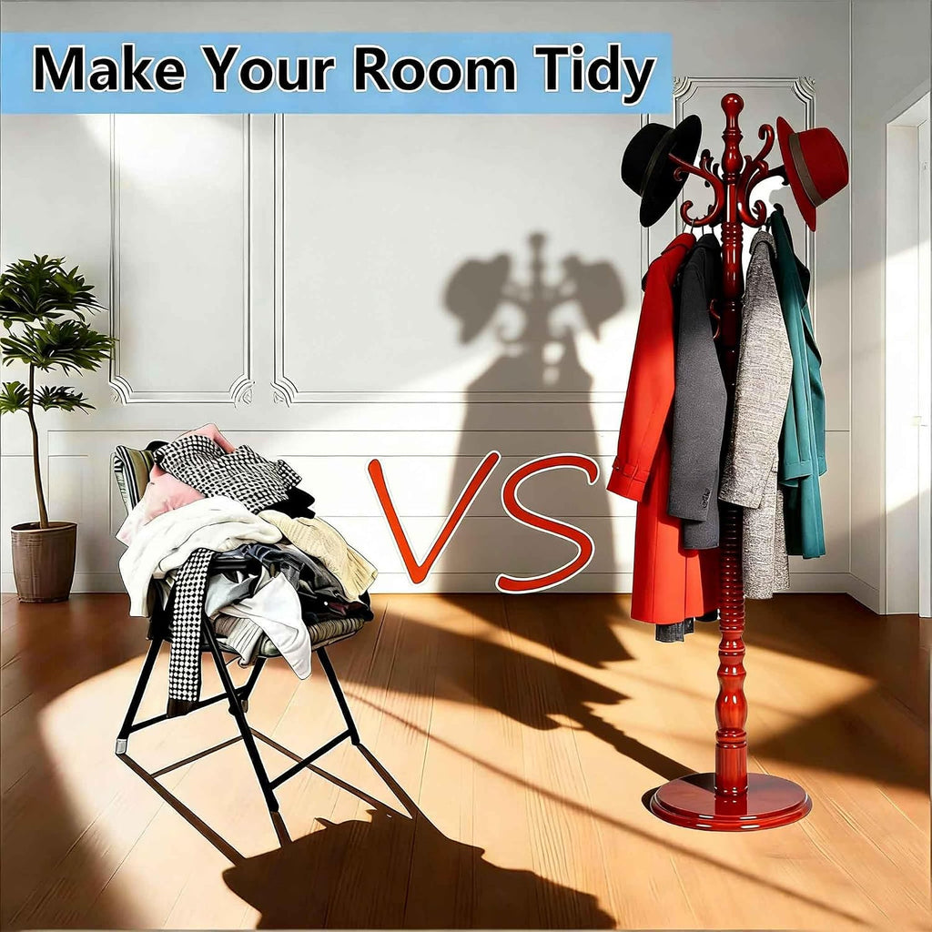 Reddish Brown Wooden 18-Hook Coat Rack Stand