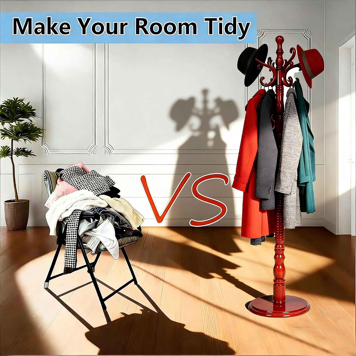 Reddish Brown Wooden 18-Hook Coat Rack Stand