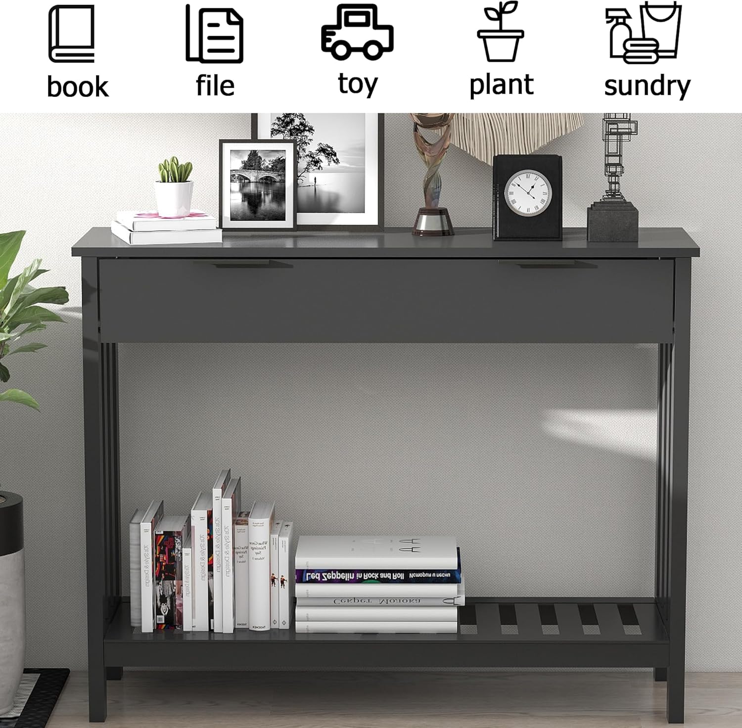 Black Slim Storage Console Entryway Table
