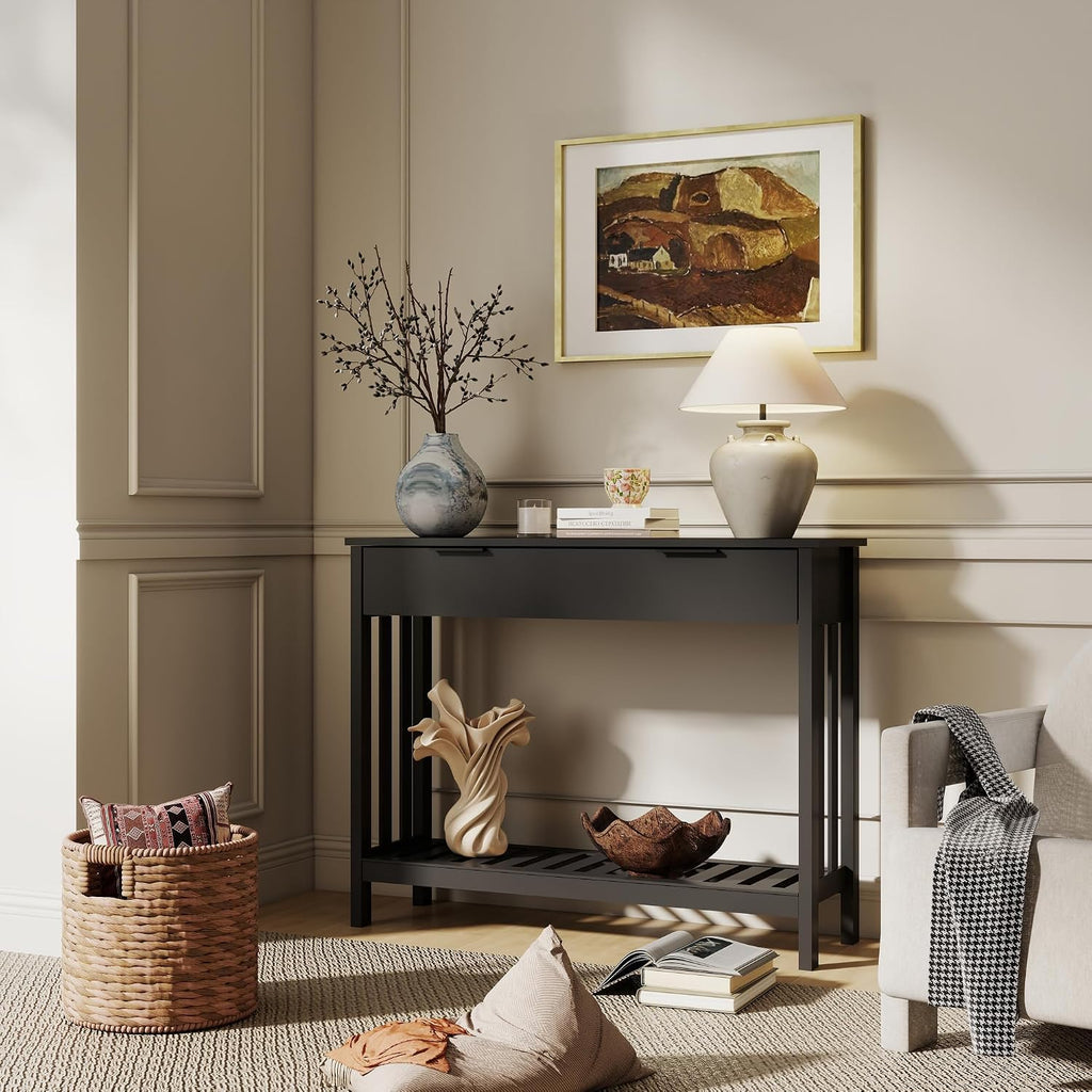 Black Slim Storage Console Entryway Table