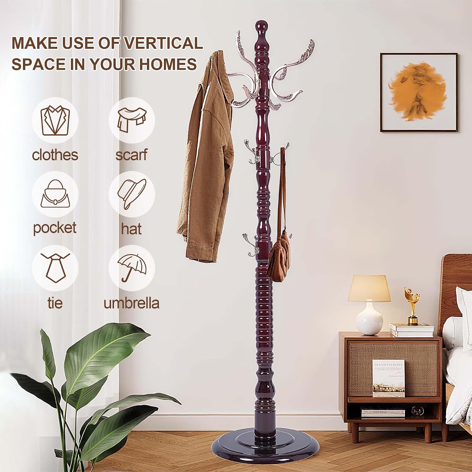Wooden 20-Hook Adjustable Coat Rack Stand