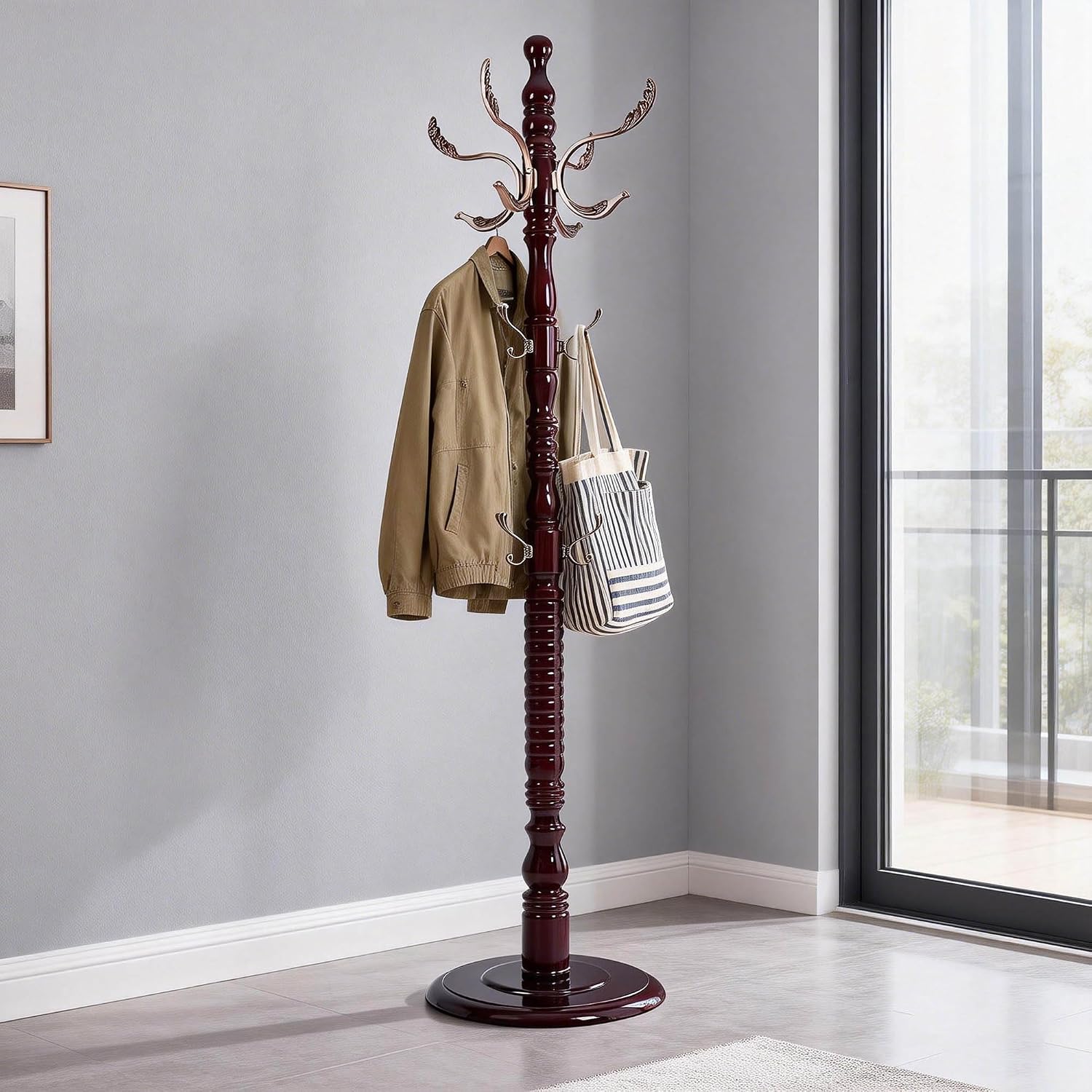 Wooden 20-Hook Adjustable Coat Rack Stand