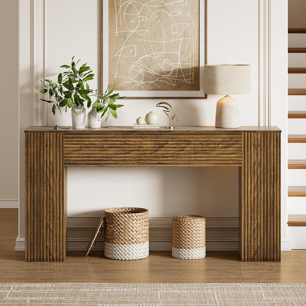 61" Brown Fluted Storage Console Table