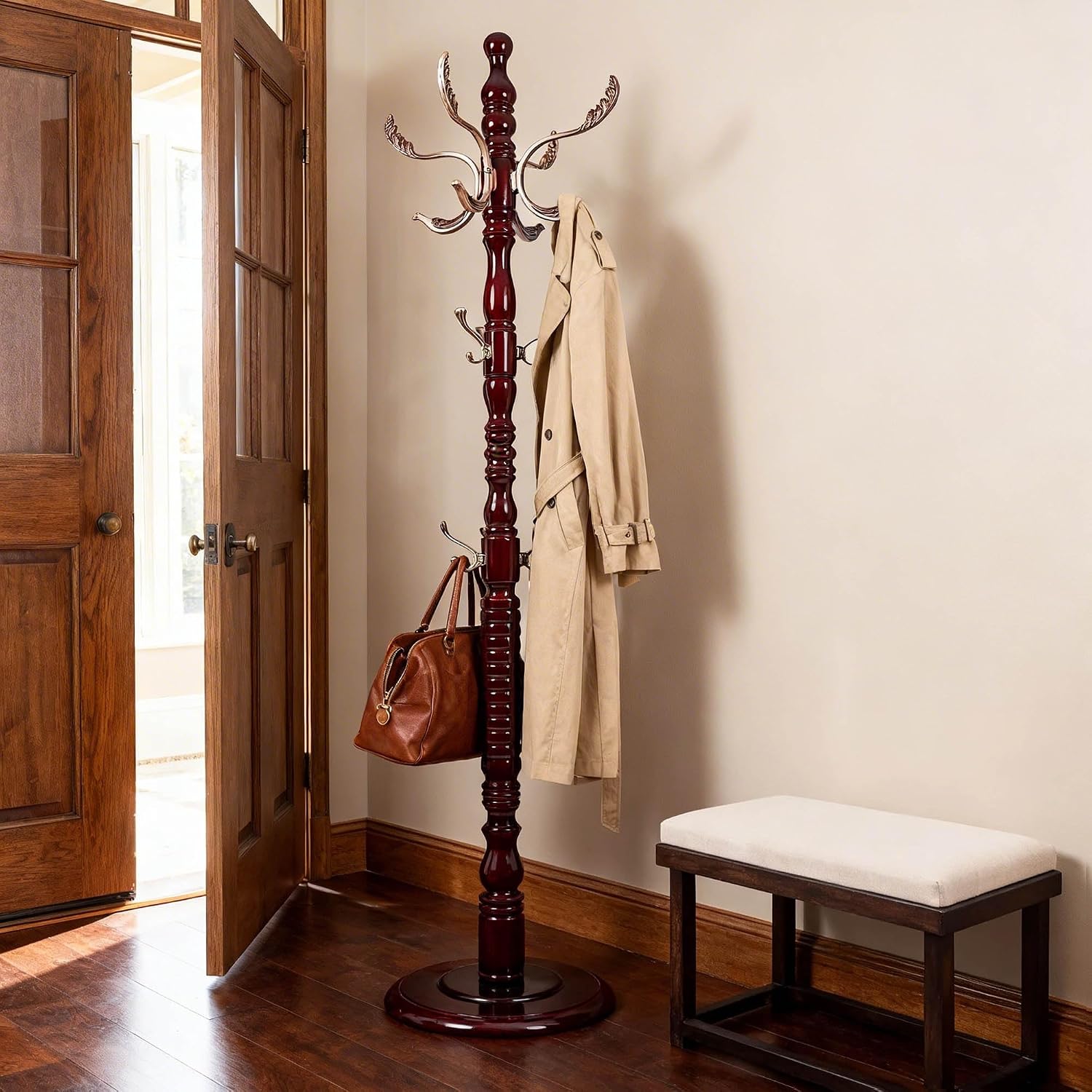 Wooden 20-Hook Adjustable Coat Rack Stand