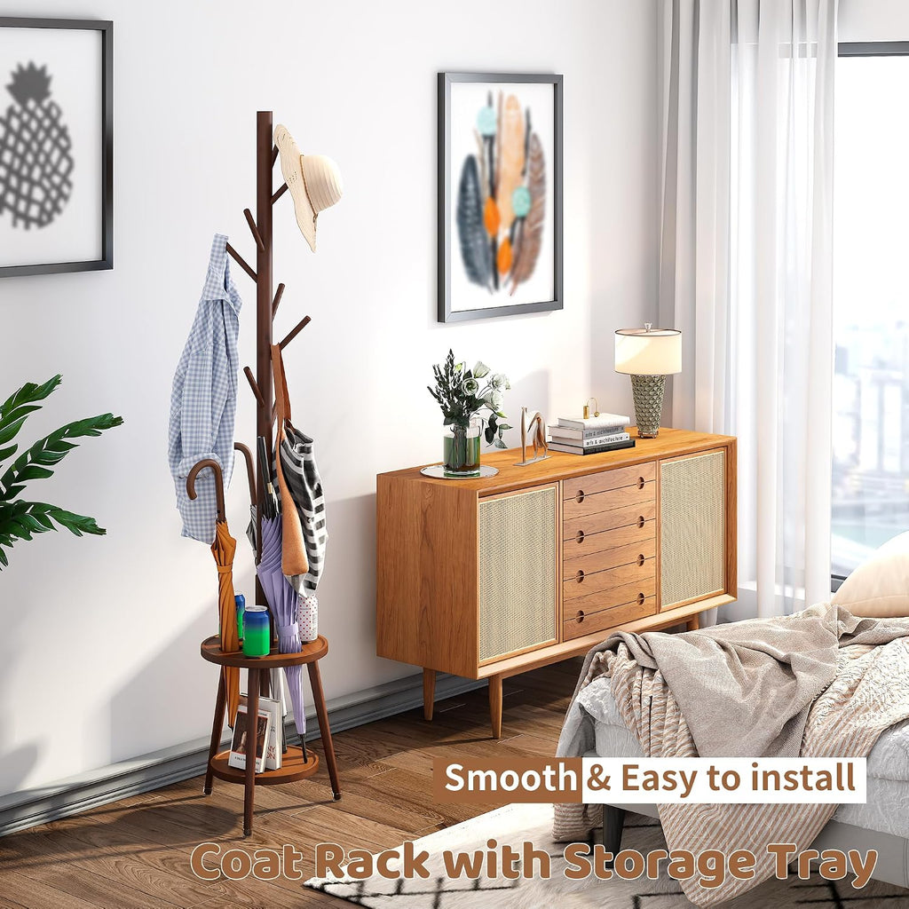 Brown Bamboo 8-Hook Coat Rack Umbrella Stand