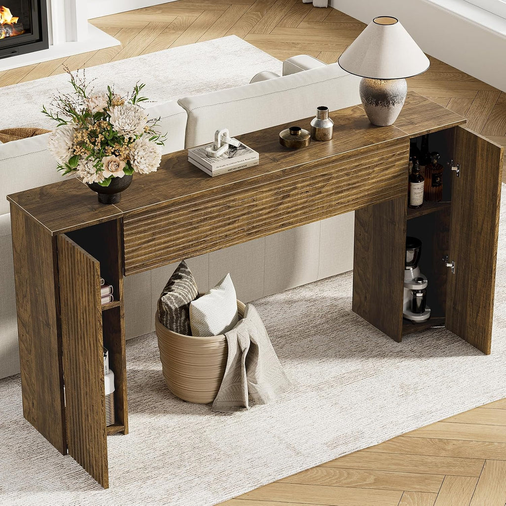 61" Brown Fluted Storage Console Table