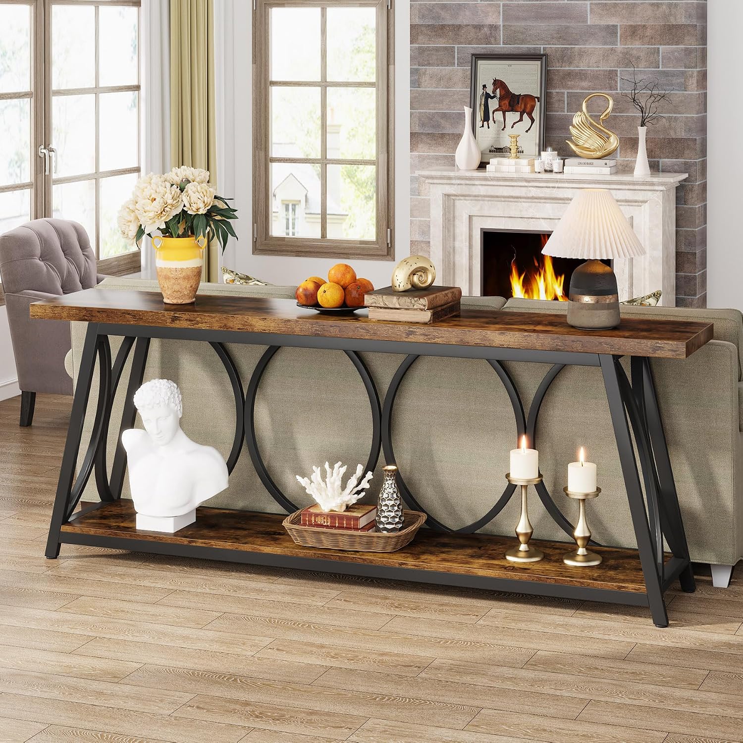 70.9" Brown Industrial Storage Console Table