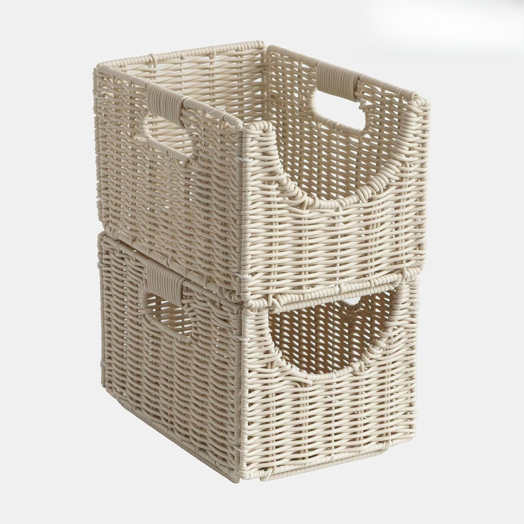 Woven Storage Baskets Stackable Collapsible Handles Resin Rattan