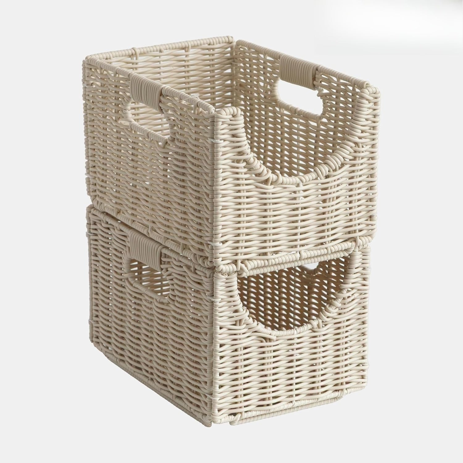 Woven Storage Baskets Stackable Collapsible Handles Resin Rattan